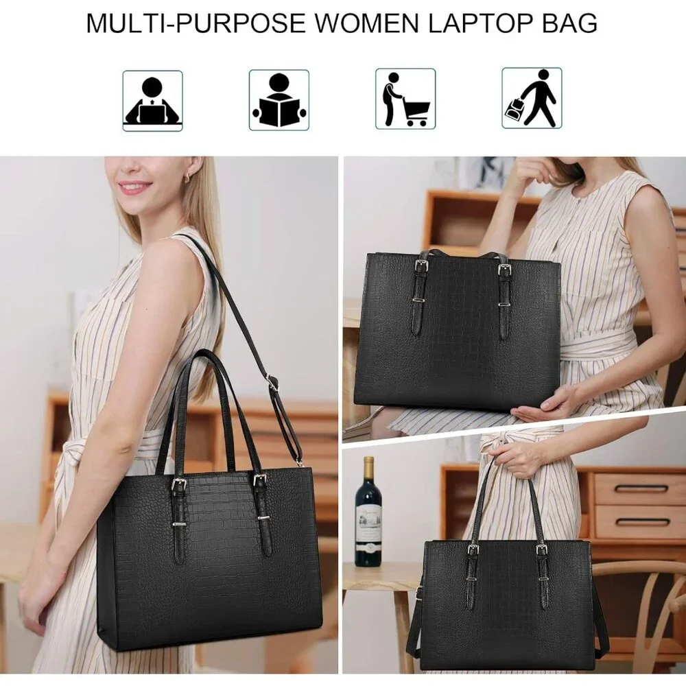 〽️Women Black Leather Waterproof Professional Shoulder Bag 15.6 Inch Laptop Bag